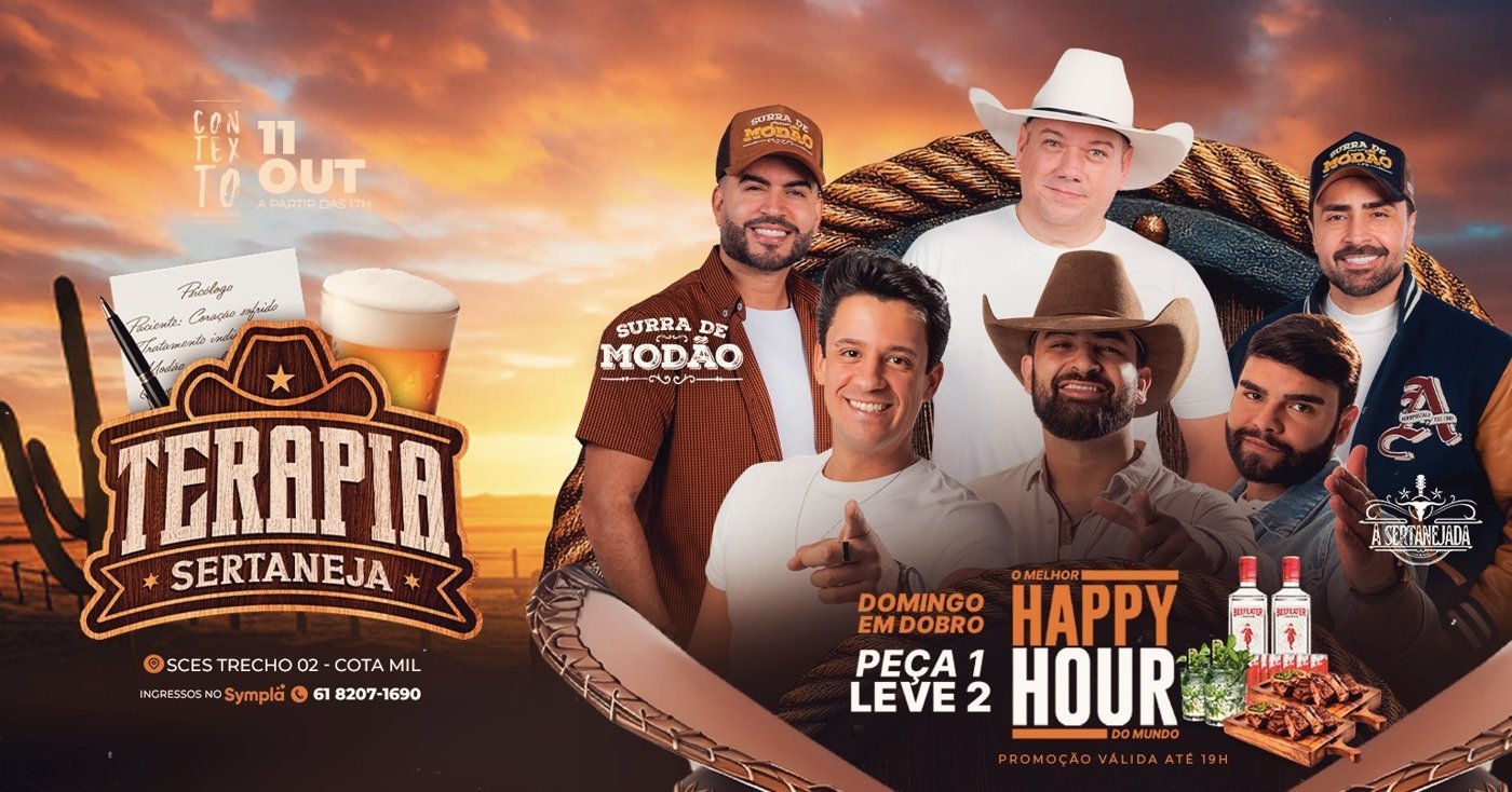 Cartaz do Domingo em Dobro no Contexto, com as marcas Terapia Sertaneja, Surra de Modão e A Sertanejada e seis cantores