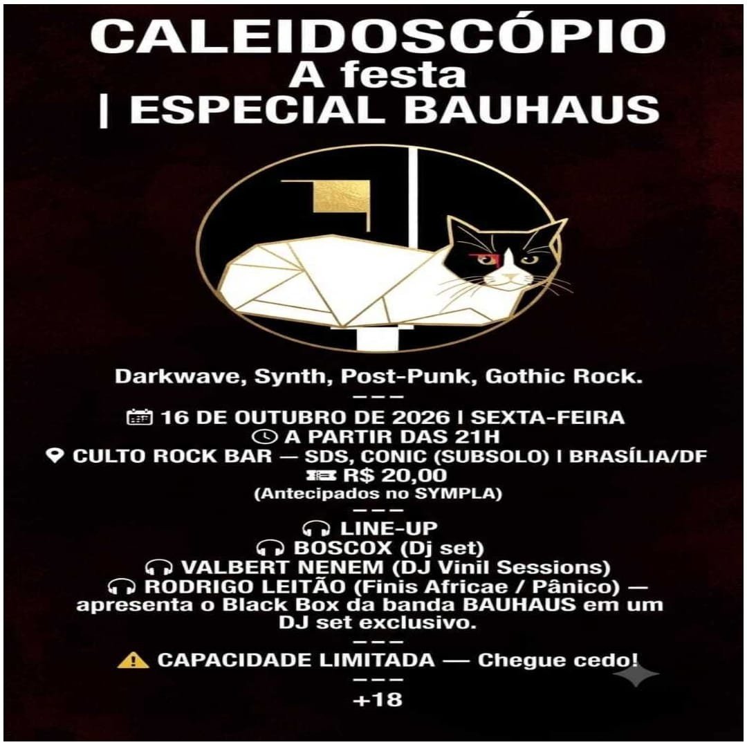 Cartaz de texto do Caleidoscópio Especial Bauhaus, com a ilustração de um gato