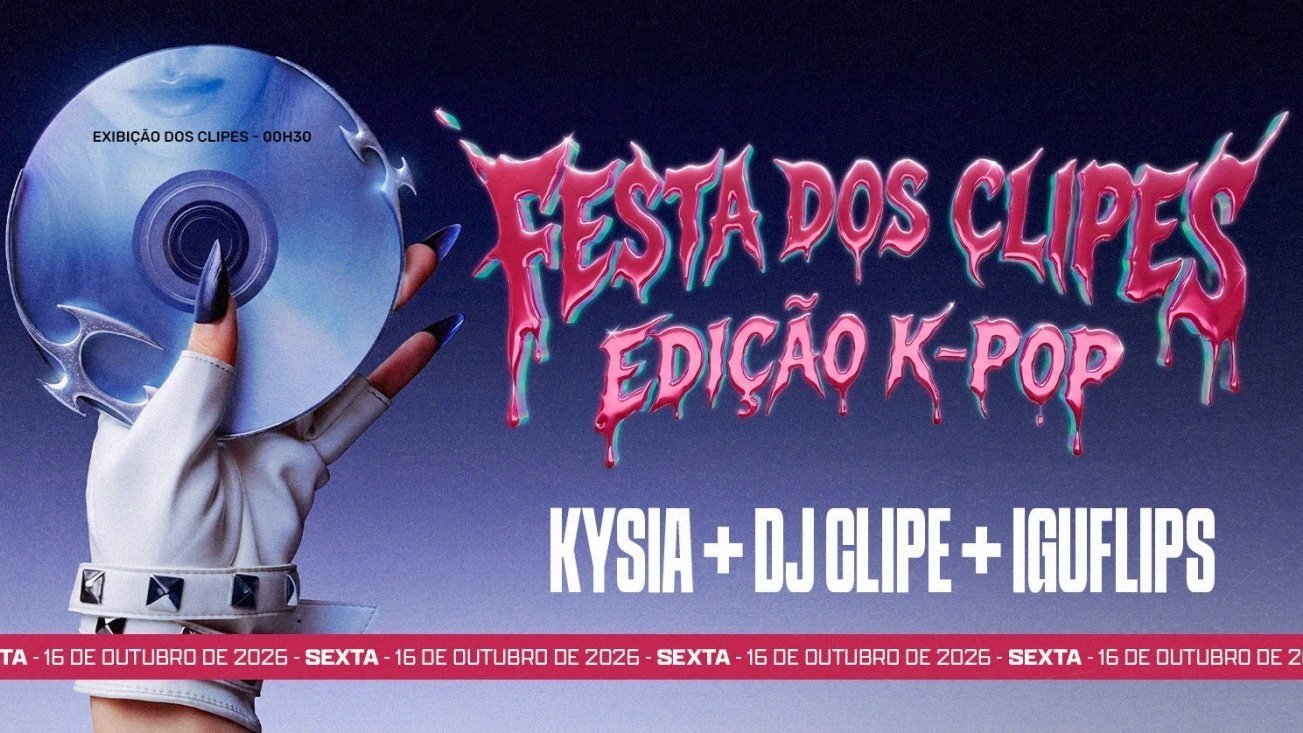 Cartaz da Festa dos Clipes edição K-pop, com uma mão segurando um CD e o texto de divulgação da festa