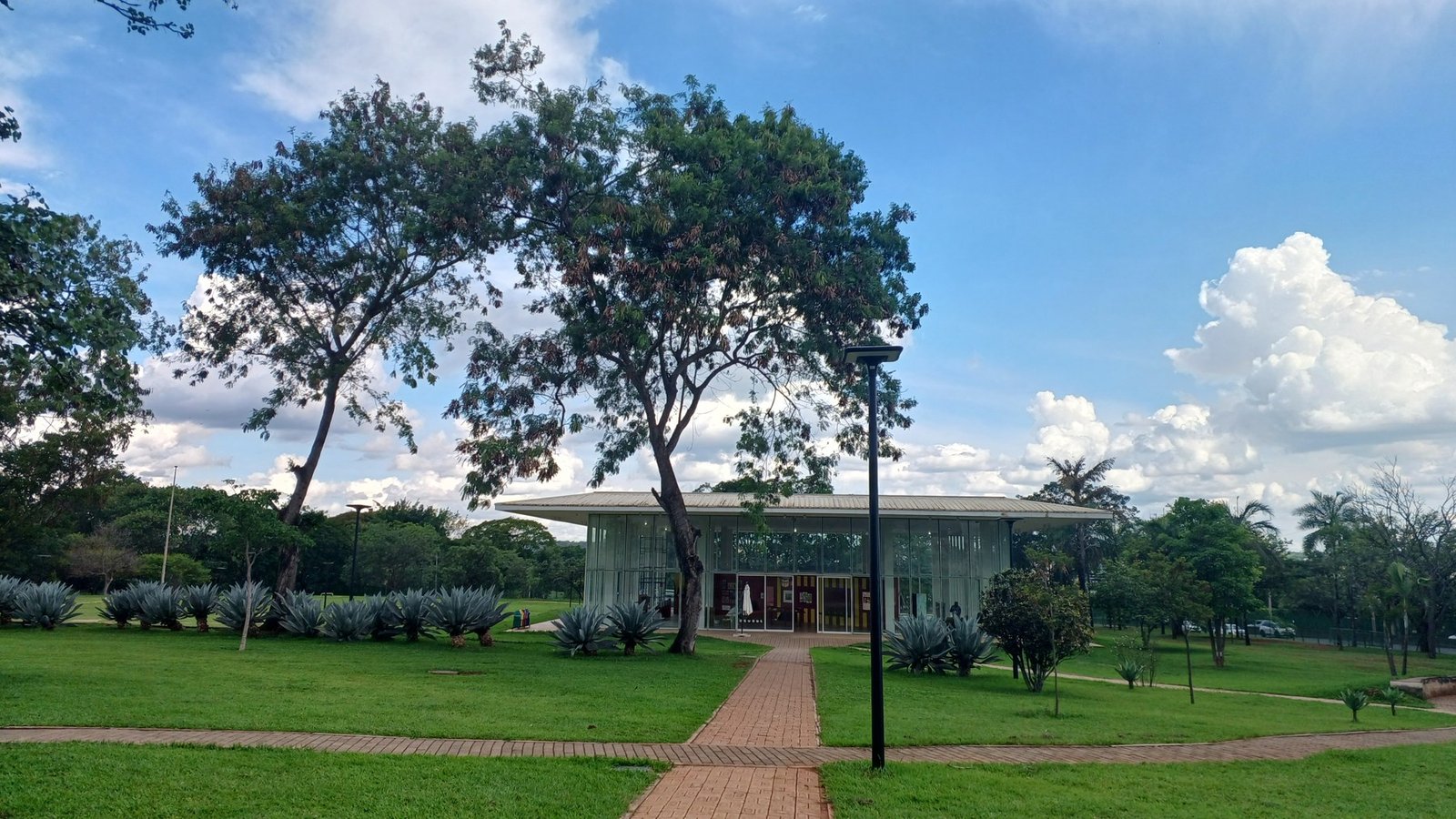 Área externa do CCBB Brasília, com gramado, árvores e pavilhão envidraçado