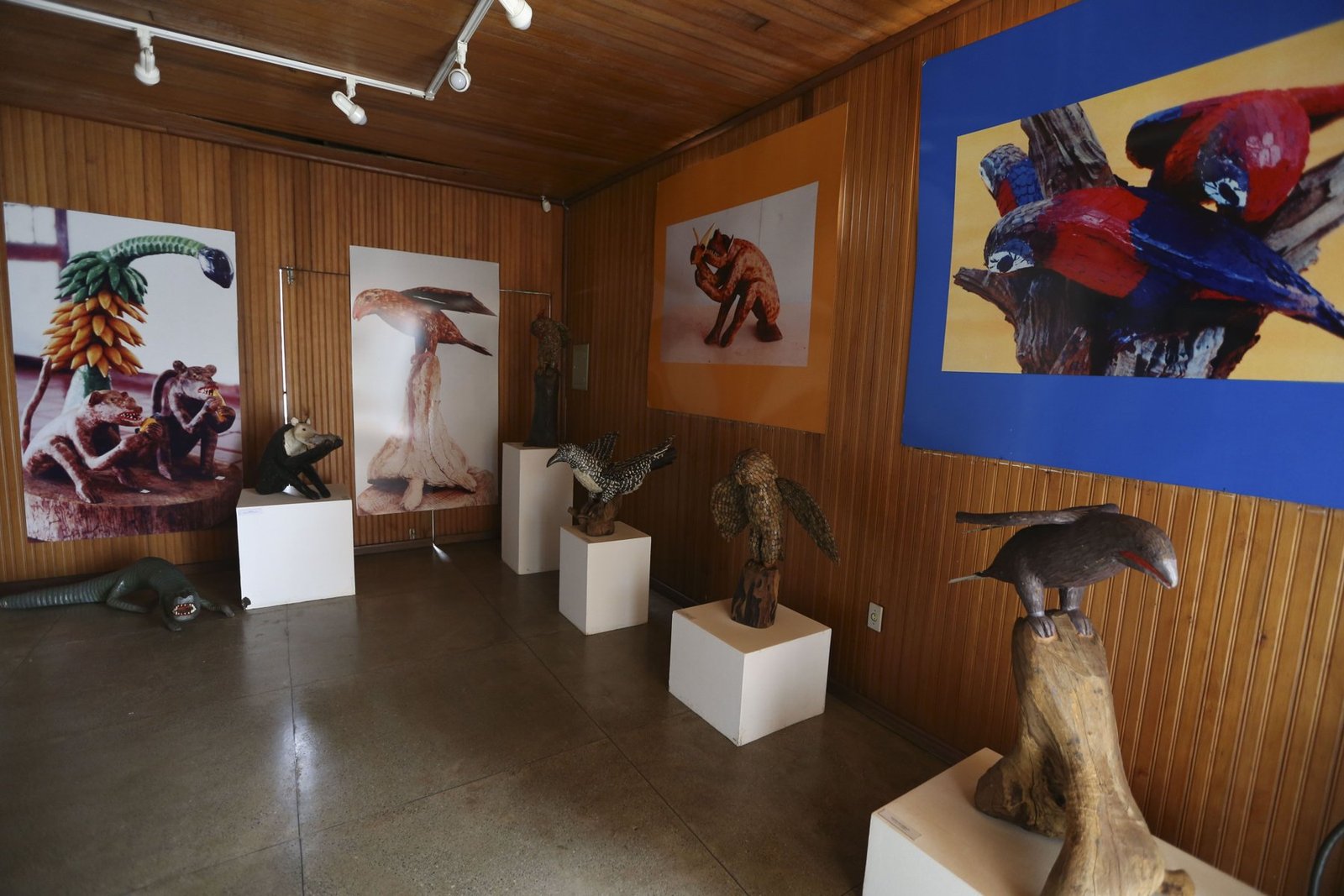 Sala de exposição com esculturas de aves e animais em madeira sobre pedestais, em edifício revestido de madeira, no Museu Vivo da Memória Candanga