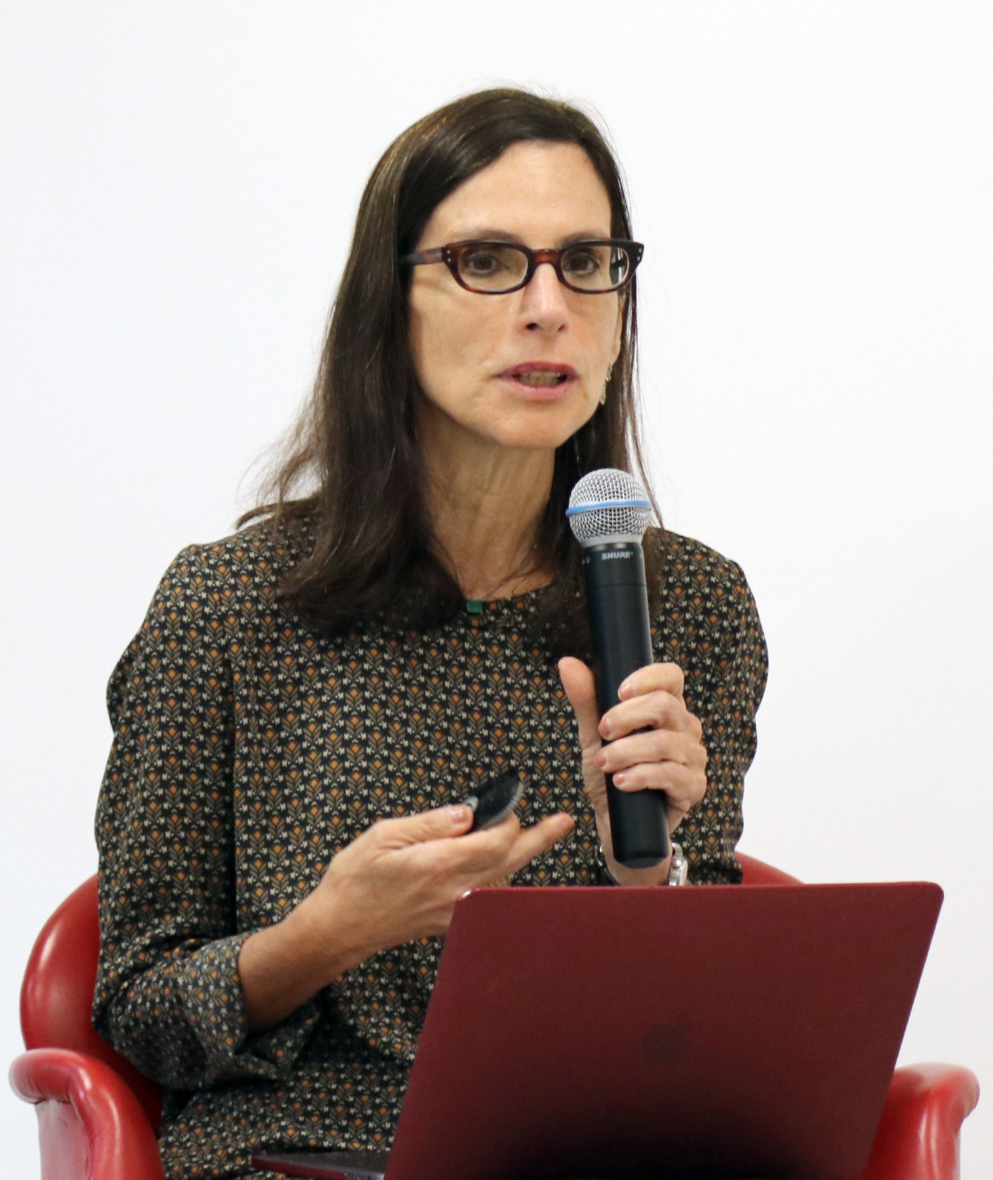 Lilia Schwarcz fala ao microfone durante evento, sentada diante de um notebook (foto de arquivo de 2018, em evento no IEA-USP)