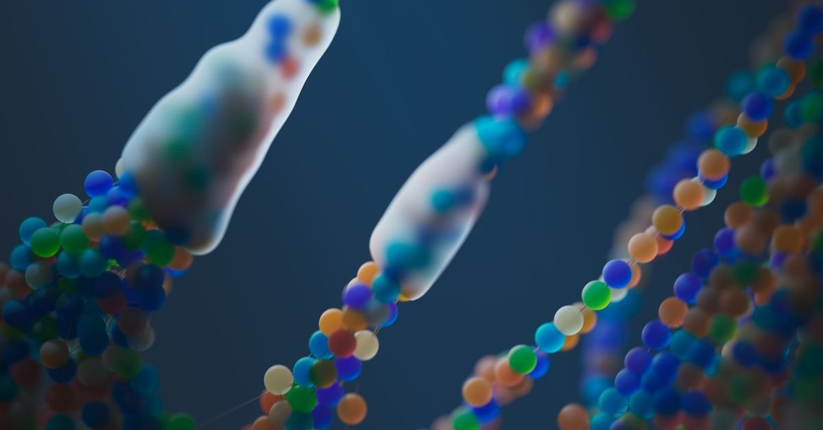 Representação abstrata de fitas de DNA em tons de azul, verde e laranja