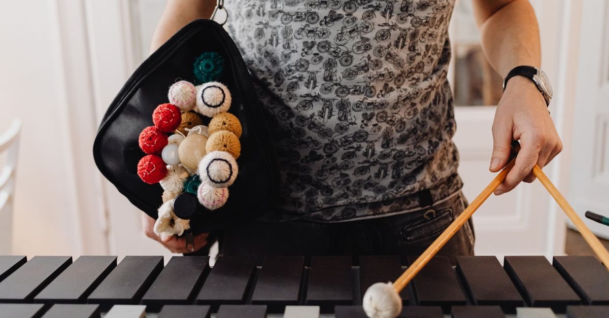 Músico segura estojo de baquetas coloridas de percussão diante das teclas de um vibrafone