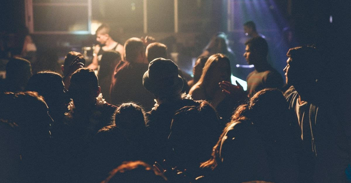 Público de costas assiste a show noturno com luzes suaves sobre o palco