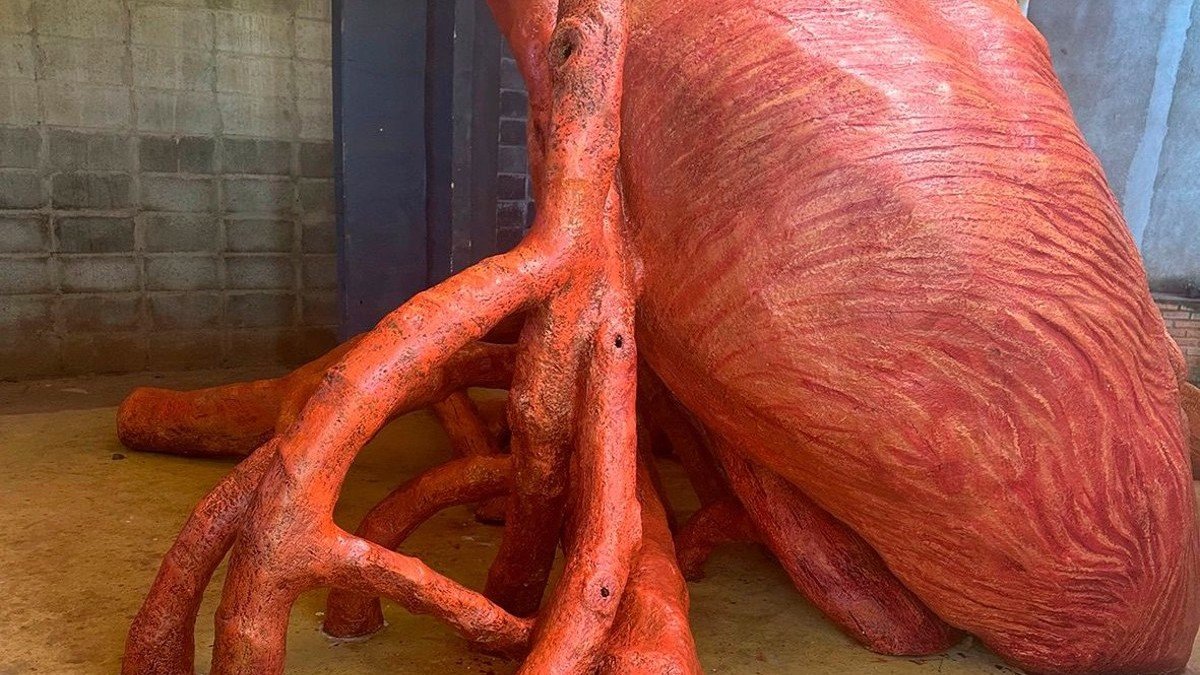 Escultura em formato de coração humano feita em papel machê vermelho, com artérias em primeiro plano