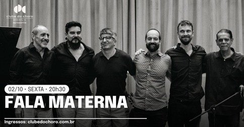 Arte oficial do show Fala Materna com os seis músicos e a data 02/10, sexta, 20h30
