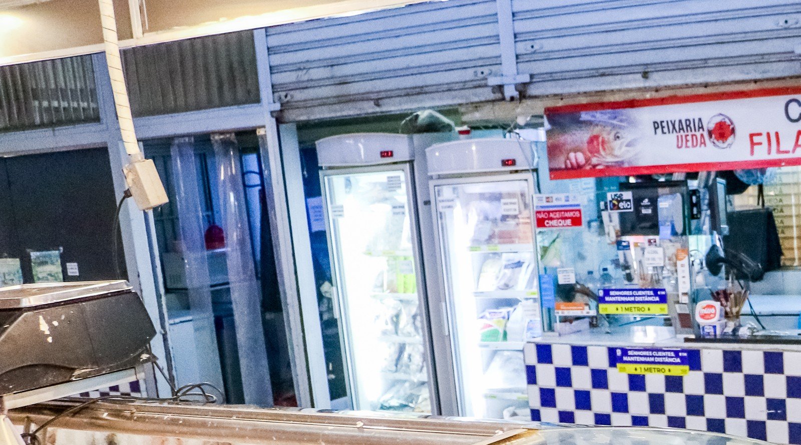 Balcão de peixaria com a placa Caixa Fila Única e geladeiras na Feira do Guará