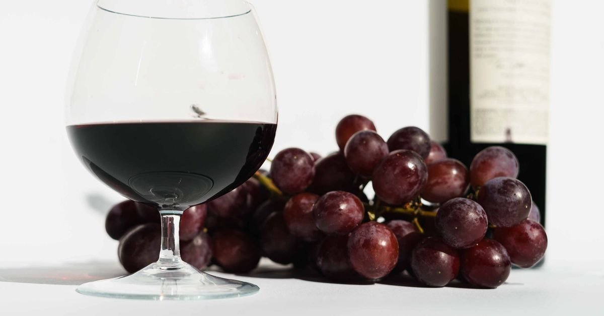Taça de vinho tinto ao lado de um cacho de uvas escuras e de uma garrafa sobre fundo claro