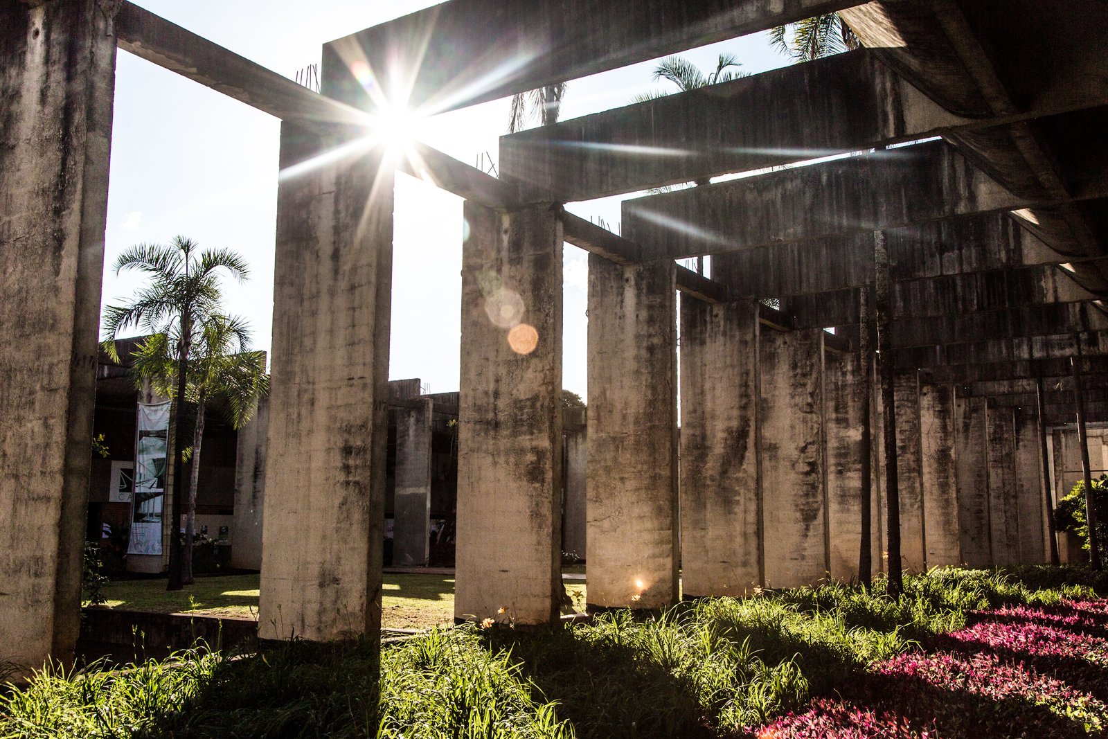 Colunas de concreto do Instituto Central de Ciências da UnB com o sol entre elas