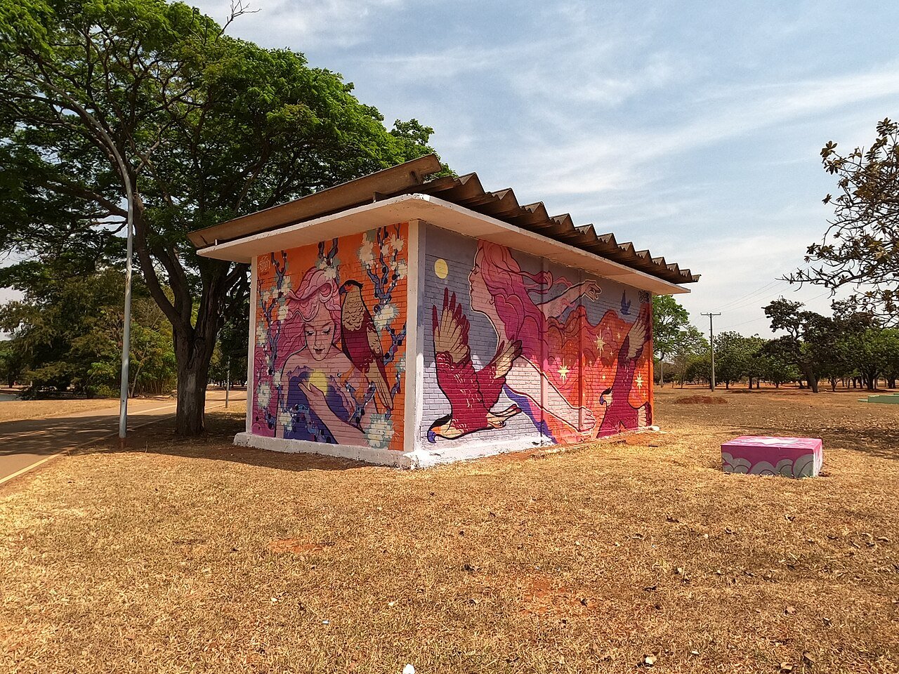 Mural colorido com figuras femininas e aves em um pequeno prédio no gramado do Parque da Cidade, em Brasília (foto de arquivo, não é do evento)