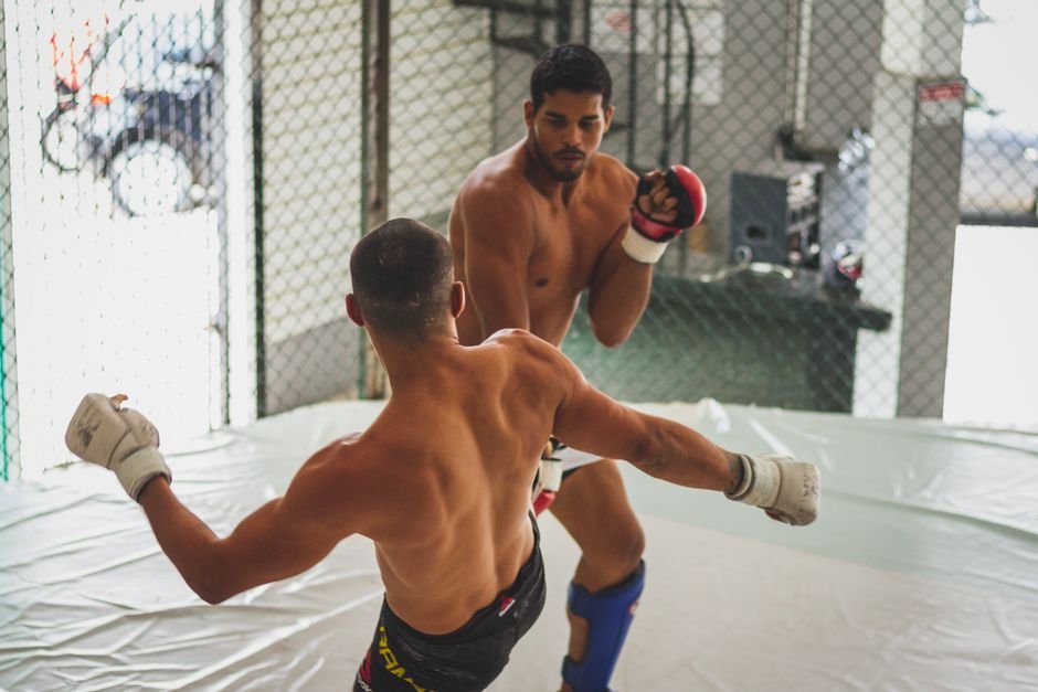 Dois lutadores de MMA em treino dentro do octógono