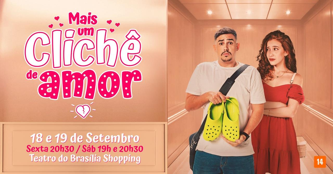 Cartaz de Mais Um Clichê de Amor com o casal preso no elevador e as datas de 18 e 19 de setembro