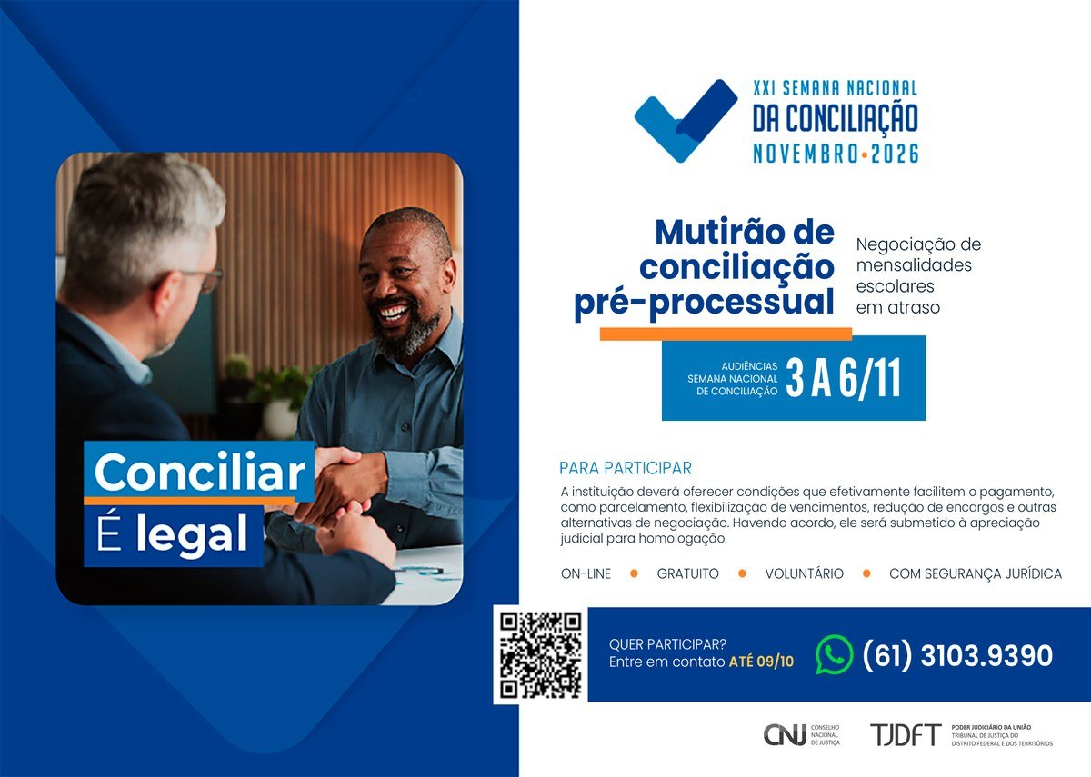 Arte oficial do TJDFT sobre o mutirão de conciliação pré-processual de mensalidades escolares em atraso, de 3 a 6 de novembro