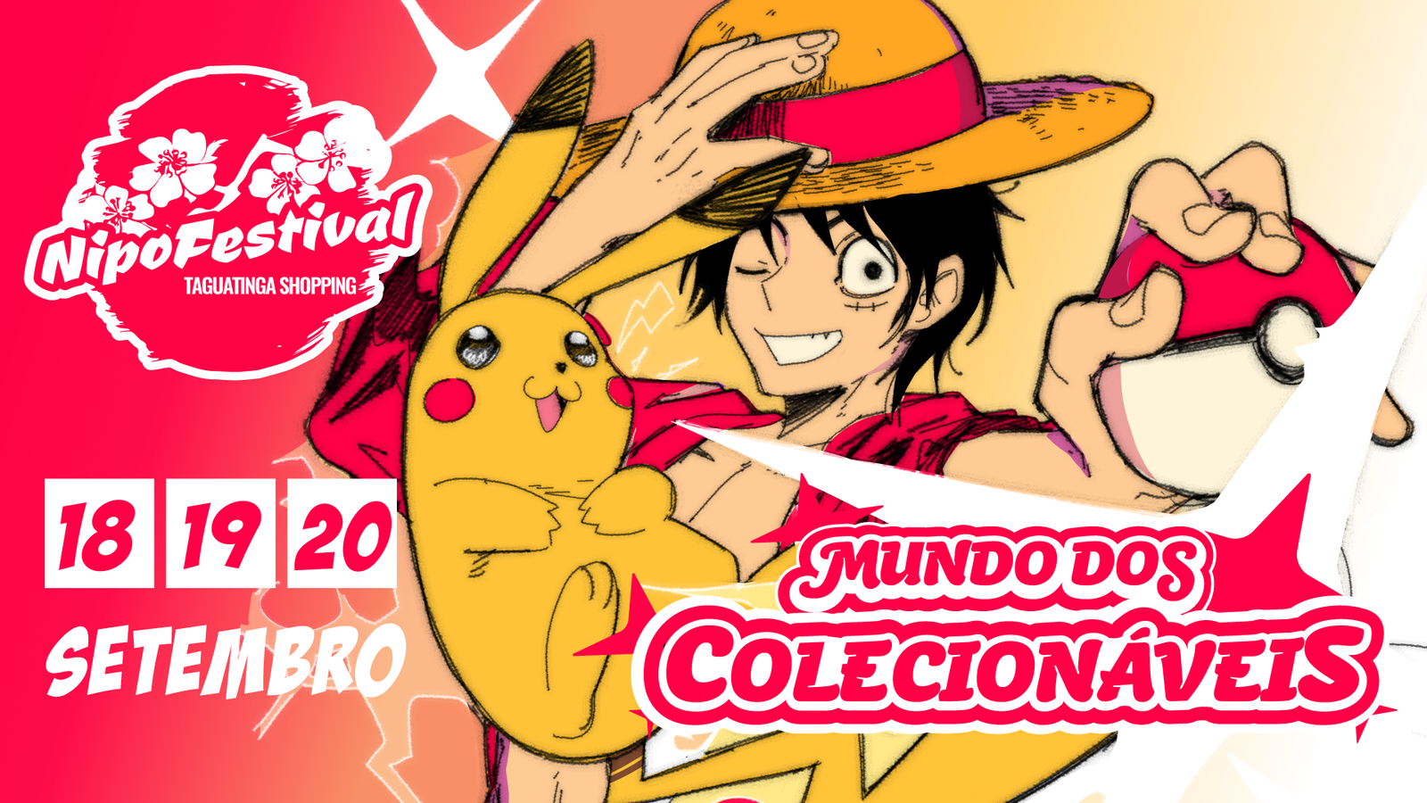 Banner de divulgação do Nipo Festival com personagens de anime e a informação de que o evento ocorre em 18, 19 e 20 de setembro no Taguatinga Shopping