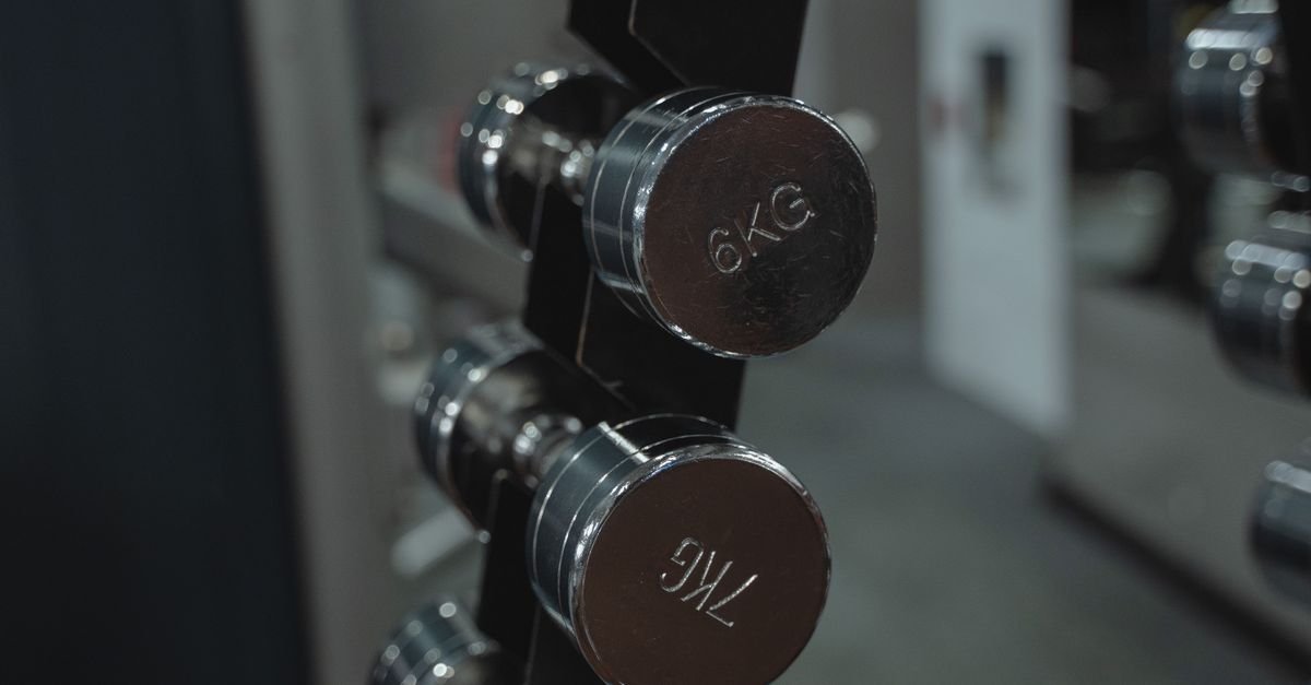 Halteres de metal enfileirados em suporte dentro de uma academia