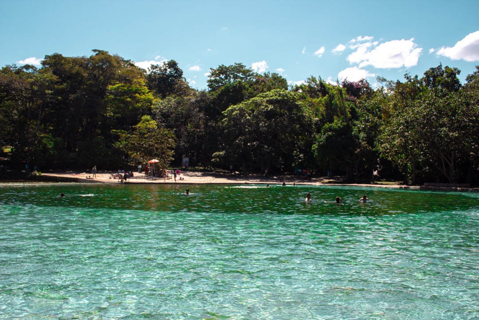 Piscina natural do Parque Nacional de Brasília vista da água, com faixa de areia e mata ao fundo