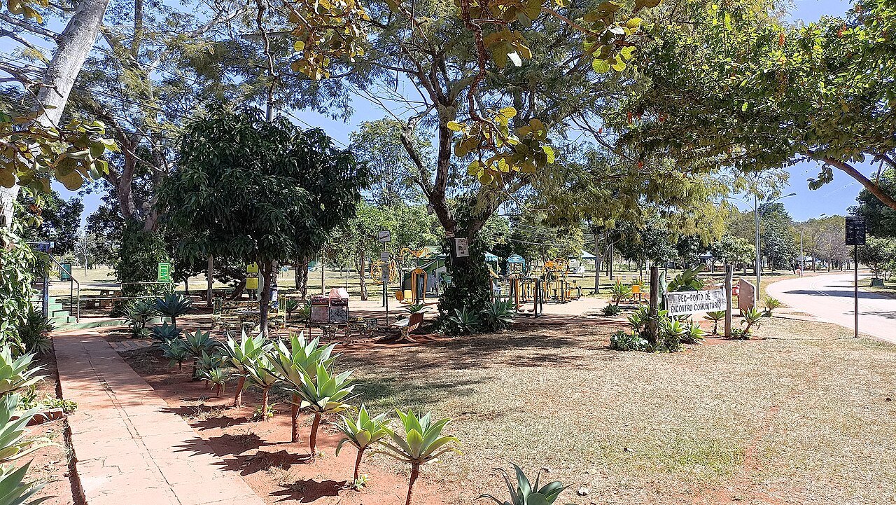 Área arborizada do Parque da Cidade Dona Sarah Kubitschek, com aparelhos de ginástica, placa de ponto de encontro comunitário e via de acesso ao lado