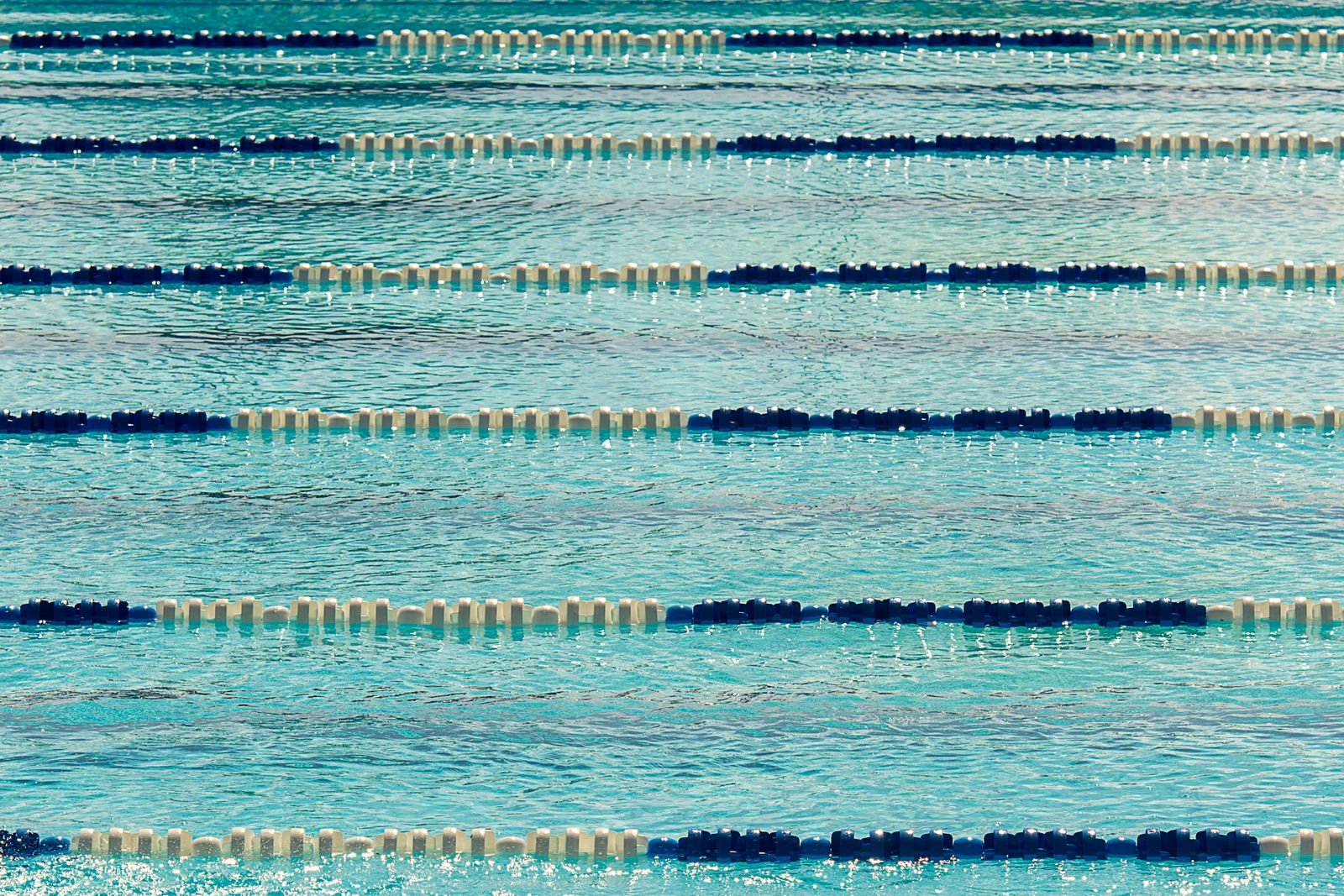Raias de uma piscina olímpica com boias divisórias azuis e brancas na superfície da água (foto ilustrativa)