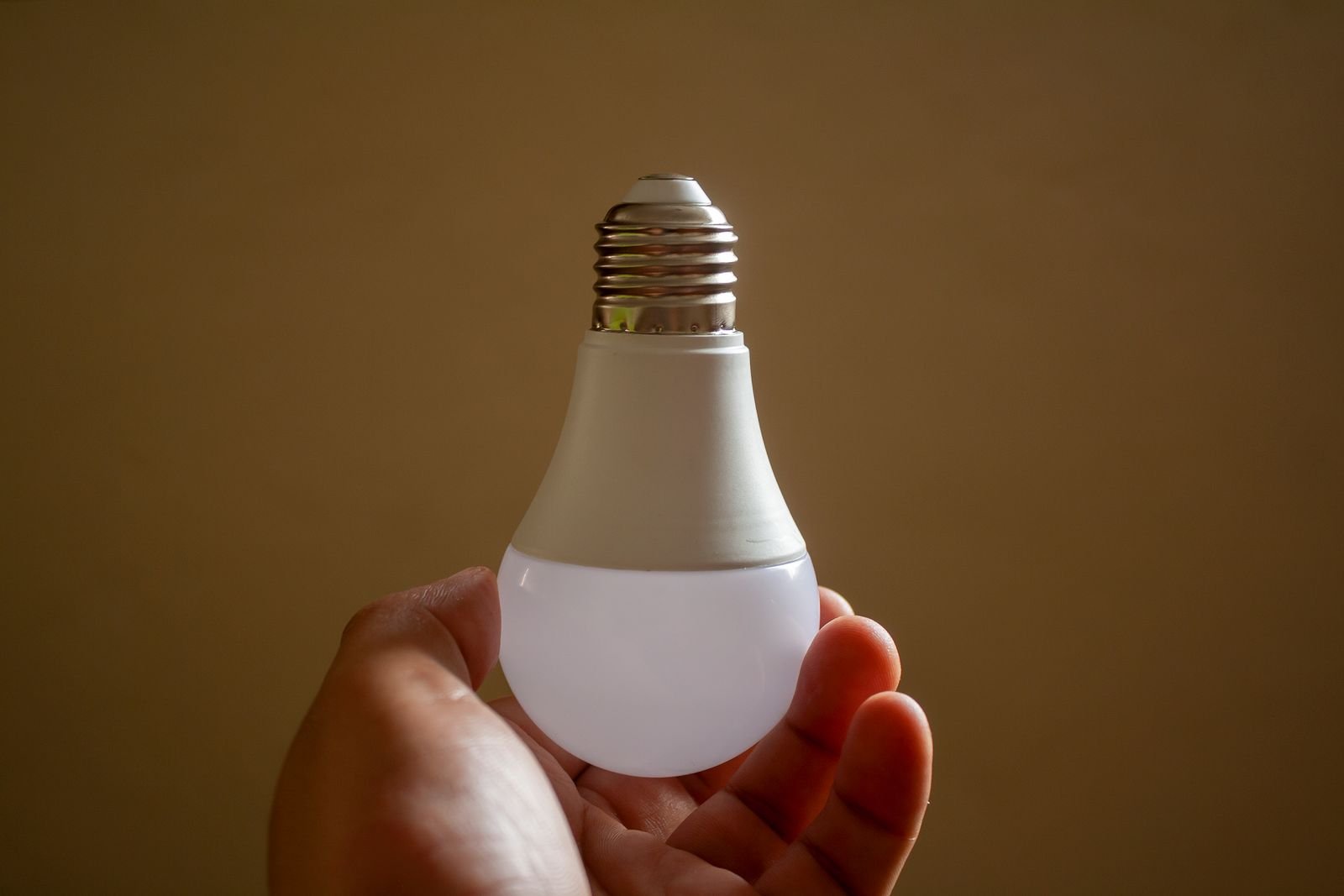 Mão segura uma lâmpada de LED branca contra fundo marrom, imagem de arquivo