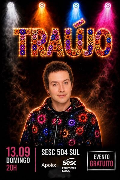 Cartaz do show Traújo com Thiago Cazado, data 13.09, domingo, 20h, no Sesc 504 Sul