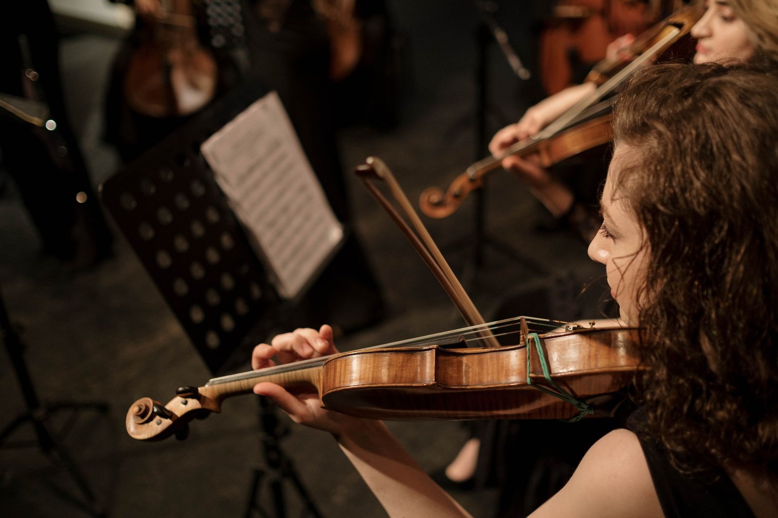 Violinista de uma orquestra toca com a partitura na estante em primeiro plano