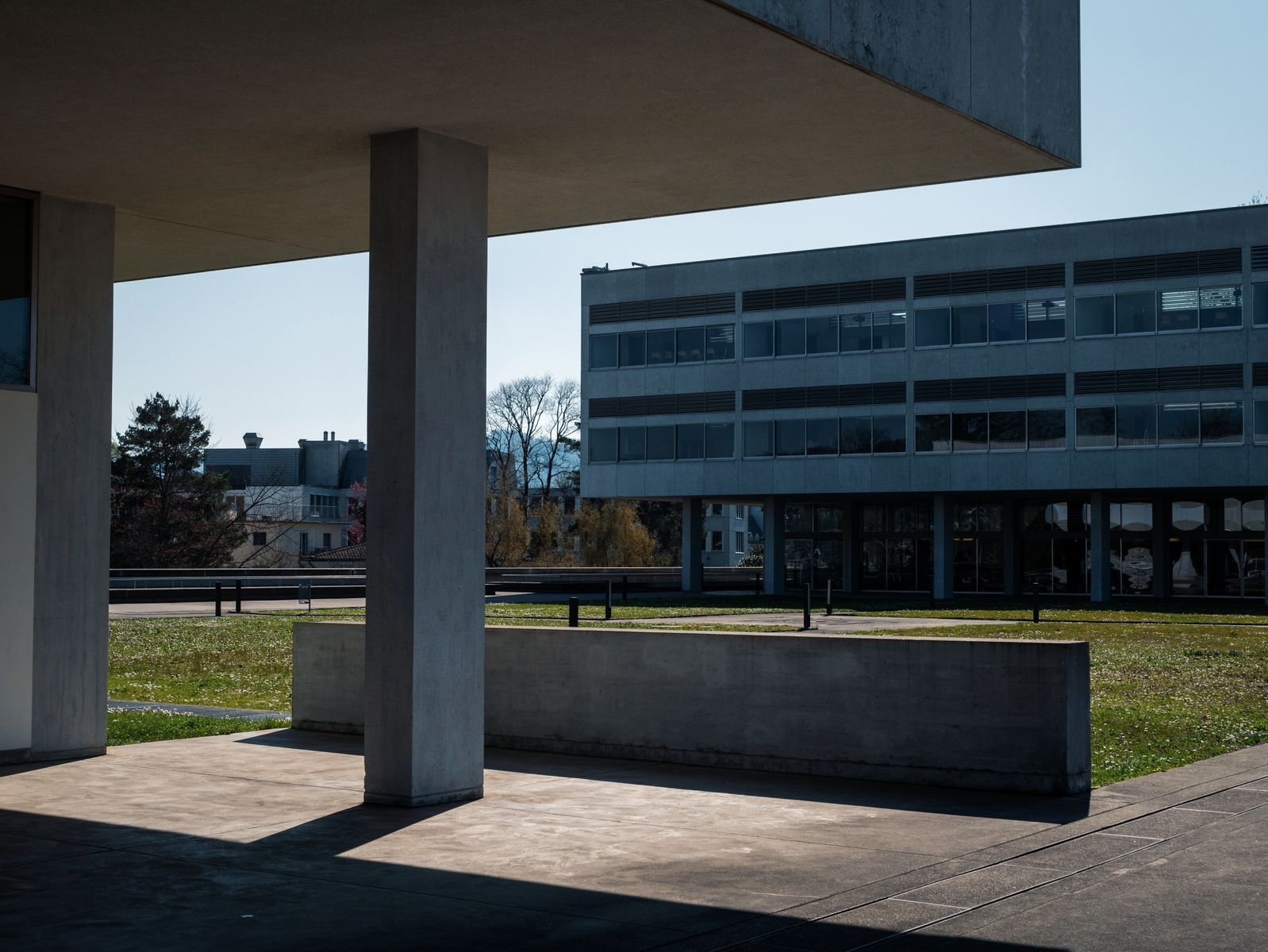 Prédio moderno de concreto de uma universidade visto do pátio interno em dia ensolarado
